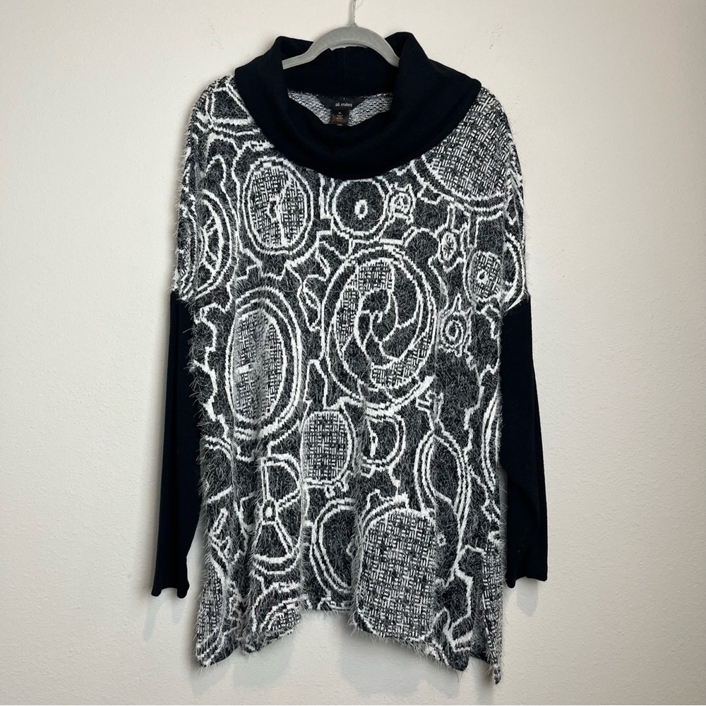 NWT Ali Miles Art To Wear Eyelash Knit Cowl Neck Tunic Sweater Black White XL